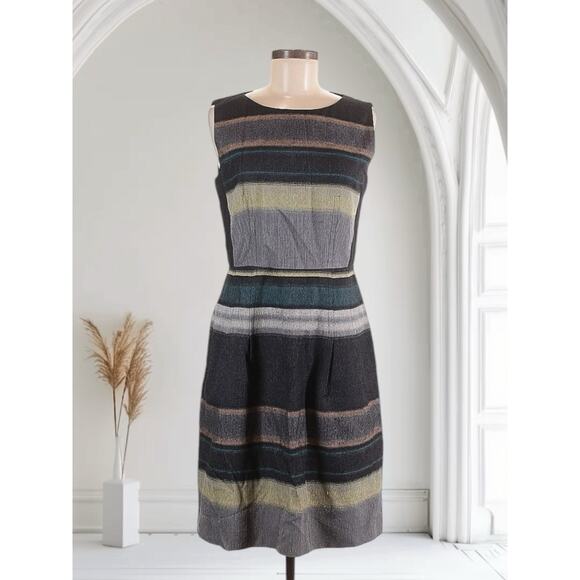 Hugo Boss US 4 S Dicoris Sleeveless Stripe Wool Knee Length Green Gray Dress - Picture 2 of 14